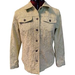 Chico's Additions Vintage Green Textured Satin Denim Long Sleeve Jacket Size M/8